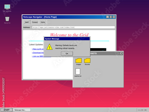 A retro computer desktop interface features a vintage web browser, a file explorer window, and a system warning message about aesthetic levels over a pink and purple gradient background.