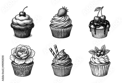 Vintage hand drawn cupcake collection featuring six unique gourmet desserts with fruit and floral toppings in a detailed monochrome engraving style.