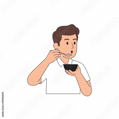 Man eating from a bowl with a spoon in a simple illustration style