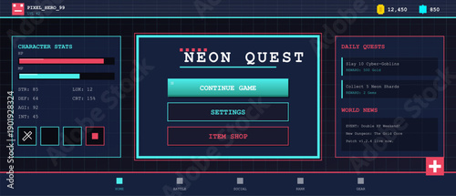A retro pixel art video game user interface featuring character statistics, a main menu with navigation buttons, daily quests, and world news on a dark grid background.