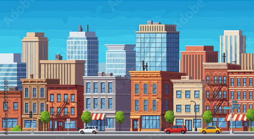 Colorful cartoon city street scene with cars driving on the road and various buildings, including skyscrapers in the background under a clear blue sky on a sunny day