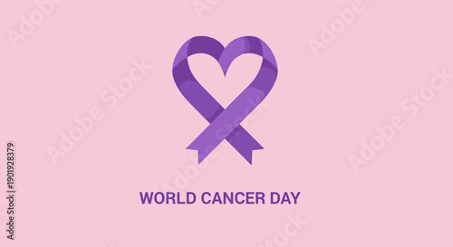 Purple awareness ribbon shaped like a heart symbolizes love, hope, and support for cancer patients and survivors during a health campaign on a pink background