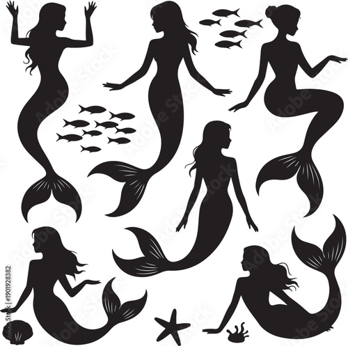 black silhouettes of mermaids and sea creatures on white background