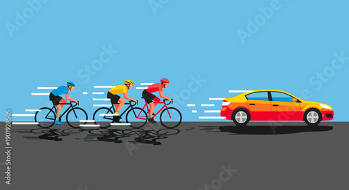 Three professional cyclists in colorful jerseys and helmets riding fast in a peloton with a car following on an asphalt road in a flat vector illustration style