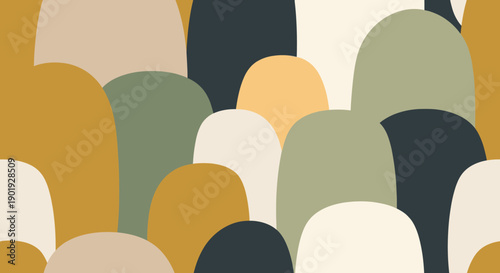 Abstract organic rounded shapes create a seamless pattern featuring an earthy color palette of mustard, sage, teal, beige, and cream, offering a modern and calming design