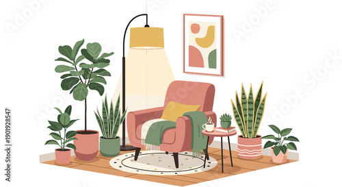 Cozy living room corner illustration with a pink armchair, floor lamp, and many houseplants creating a comfortable hygge interior scene isolated on a white background