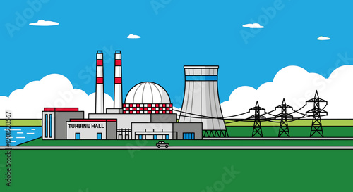 Nuclear power plant vector illustration with a reactor dome, cooling tower, and turbine hall, generating electricity with transmission lines in a clean landscape