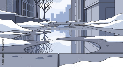 Illustrated urban city street with melting snow and puddles reflecting a bare tree and buildings in a cool, desolate winter landscape