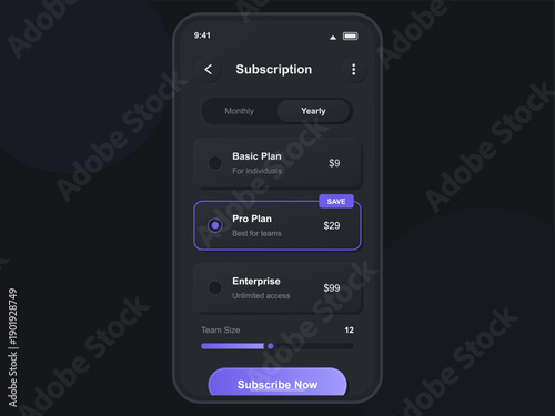This mobile app user interface displays a subscription page with monthly and yearly options. It includes three pricing tiers, a team size slider, and a purple subscribe button.