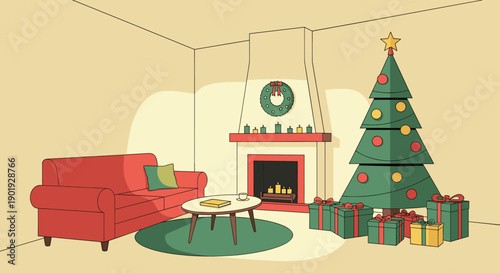 Cozy living room interior decorated for Christmas with a festive tree, fireplace, gifts, and a red sofa in a warm, flat illustration style for the holiday season