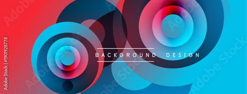 Abstract colorful circles overlap creating dynamic background. Red, blue, magenta hues blend smoothly. Modern design element.