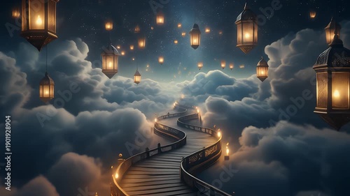 Magical Night Sky Path Illuminated by Lanterns Floating Above Clouds With Stars and Moon