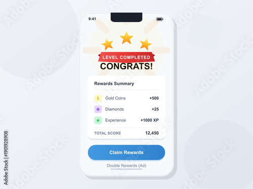 A mobile phone screen displays a level completed message with three stars and a rewards summary including gold coins, diamonds, and experience points on a clean white background.
