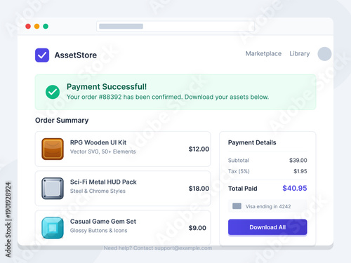 A digital user interface displays a successful payment confirmation for game assets. The screen includes an order summary, payment details, and a download button for the purchased items.