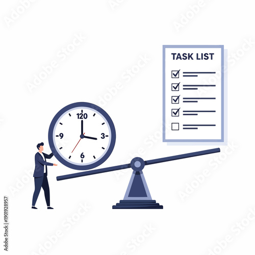 A man balances a large clock on a seesaw against a task list