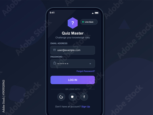 A mobile application login screen for a quiz game featuring a dark theme with purple accents, email and password input fields, a log in button, and social media sign-in options.