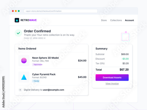 User interface design of a checkout confirmation page for digital products. It features a list of ordered items, a total price summary, and a prominent download assets button.