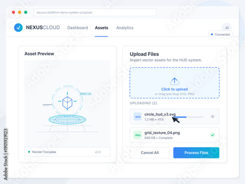 A modern web interface for uploading vector assets and HUD systems. It features a file upload section with progress bars and a preview window displaying a 3D wireframe cube graphic.