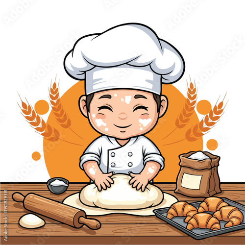 Adorable young baker kneading dough with a joyful expression.