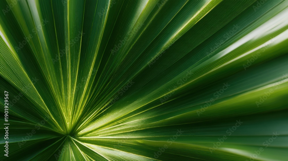 Obraz premium Abstract green palm leaf texture showcasing a radial pattern with vibrant light rays for a high-tech nature background and organic botanical design inspiration