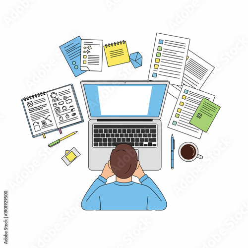 A person working on a laptop surrounded by office supplies and papers
