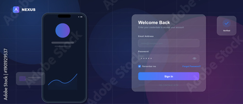 A modern dark mode user interface design featuring a smartphone mockup and a login form with email and password fields on a dark blue background with a subtle grid pattern.