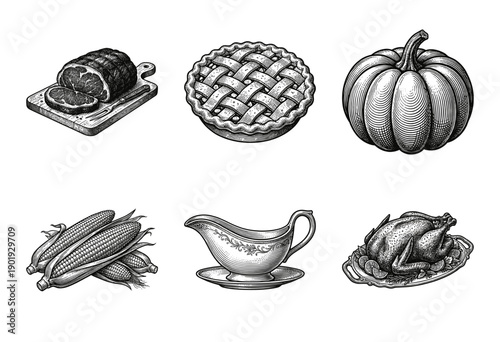 Vintage woodcut illustration set of traditional holiday feast items including roast turkey, beef, lattice pie, pumpkin, corn, and gravy boat.