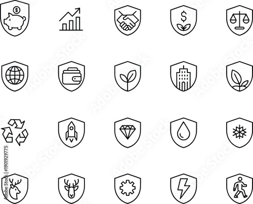 Line Art Business Icon Set Featuring ESG Sustainability Shield Symbols for Environmental Protection Financial Security Corporate Social Responsibility Insurance Policy Green Investment Growth Concepts