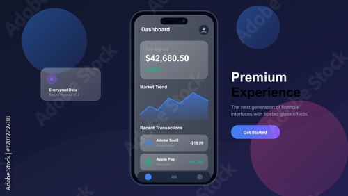 A modern mobile application interface showing a financial dashboard with a total balance, market trend graph, and transaction history on a dark background with glassmorphism effects.