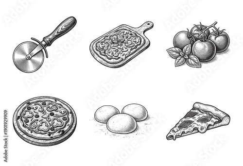 Set of pizza making elements in vintage woodcut style featuring dough balls, fresh ingredients, whole pizza on board, slice, and rolling cutter.
