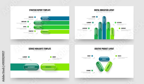 Company Planning Four Five Two Three Option Diagram Slideshow Layout Vector Illustration Set. Visual Insight 4 5 2 3 Step Infographic Frame Design Collection.