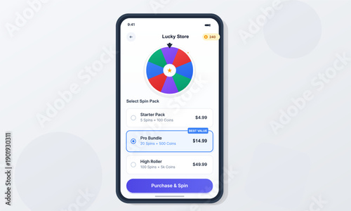 A smartphone screen displays a digital store interface featuring a colorful spinning prize wheel and multiple purchase options for game credits and spins with a blue purchase button.