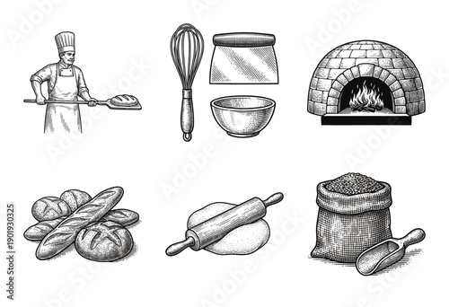 Vintage engraving style bakery collection featuring traditional baker, wood fired oven, assorted breads, and professional baking tools set.