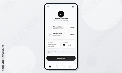 A mobile phone screen shows a minimalist order confirmation page with a list of purchased items, transaction details, delivery information, and a track order button.