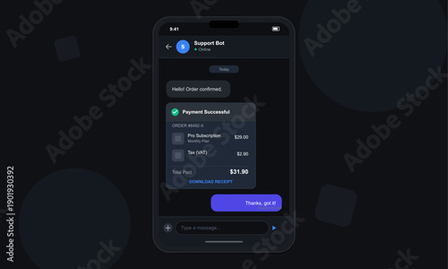 A mobile phone screen shows a dark mode chat application where a support bot confirms a successful payment for a monthly subscription plan including tax and total amount.