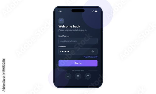 A smartphone displays a dark mode sign-in interface with fields for email and password. The screen features a purple login button and social media authentication options below.