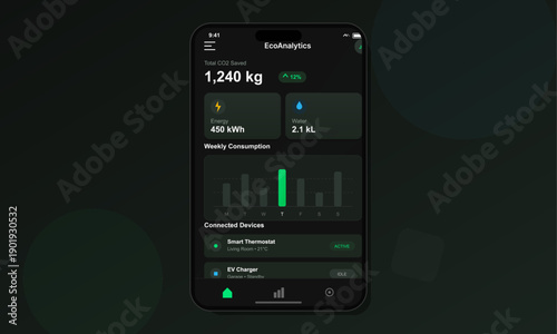 A smartphone screen shows a dark mode user interface for monitoring environmental impact, featuring metrics for carbon dioxide savings, energy usage, and smart home device status.