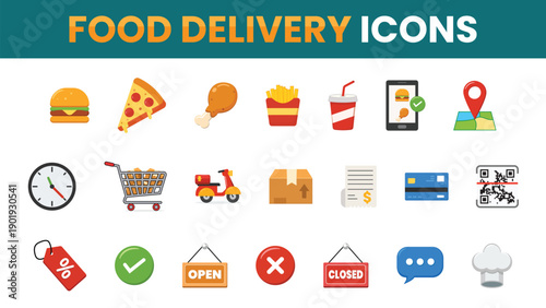 Online Food Delivery Service Icon Set for Restaurant Ordering Apps and Logistics Workflow