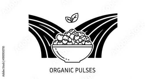 High-quality scalable vector illustration of a bowl filled with organic pulses, surrounded by fresh green leaves, set against a minimalist black and white striped background.