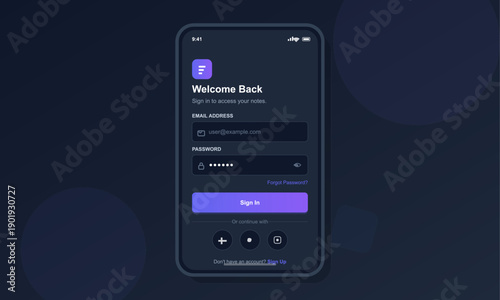 A mobile phone displays a dark mode login screen for a notes application featuring email and password input fields, a purple sign in button, and social media authentication icons.