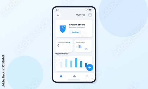 A smartphone displays a clean mobile application interface for system security and device monitoring, featuring data usage charts and a weekly activity bar graph on a light background.
