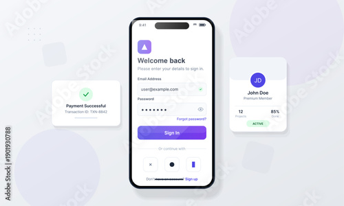 A smartphone displays a modern login interface with email and password fields. Floating UI elements show a payment confirmation and a user profile card on a clean background.