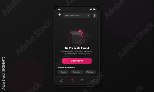 A mobile phone screen shows a search result page with no products found for a lipstick query. The interface includes popular categories and a clear search button in dark mode.