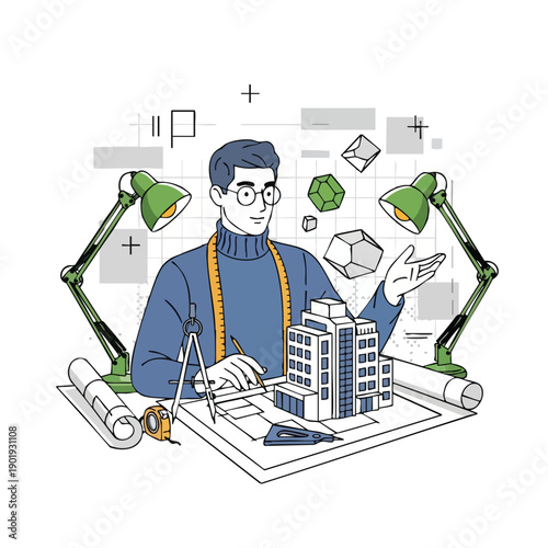 Architect designing building with tools and blueprints.
