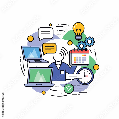 A person surrounded by computers and office supplies