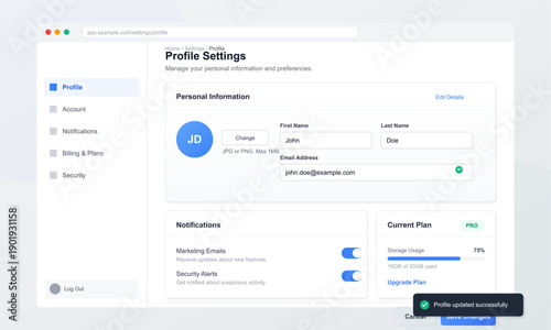 A clean user interface design for a web application profile settings page featuring personal information fields notification toggles and storage usage details on a white background