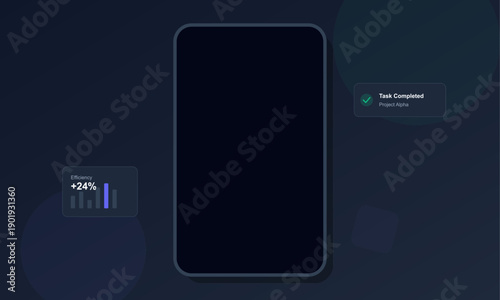 A dark minimalist user interface mockup featuring a blank smartphone screen surrounded by a task completion notification and an efficiency growth bar chart on a deep blue background.