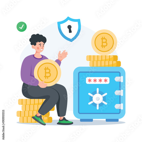 Creatively crafted amazing bitcoin vault security flat illustration