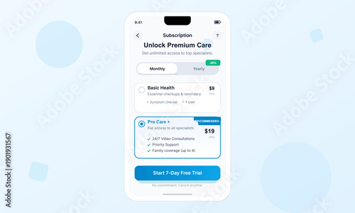 A mobile app user interface displays healthcare subscription plans with monthly and yearly options, featuring basic and pro tiers with pricing and a free trial button.