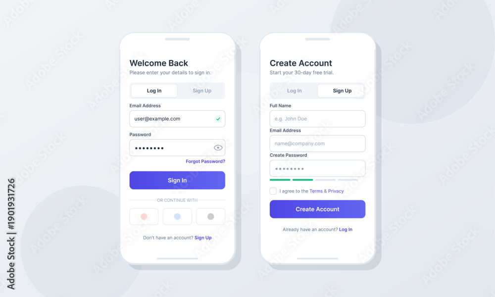 Obraz premium Two smartphone mockups displaying a modern mobile application interface for user authentication. The screens show login and registration forms with a minimalist blue and white aesthetic.